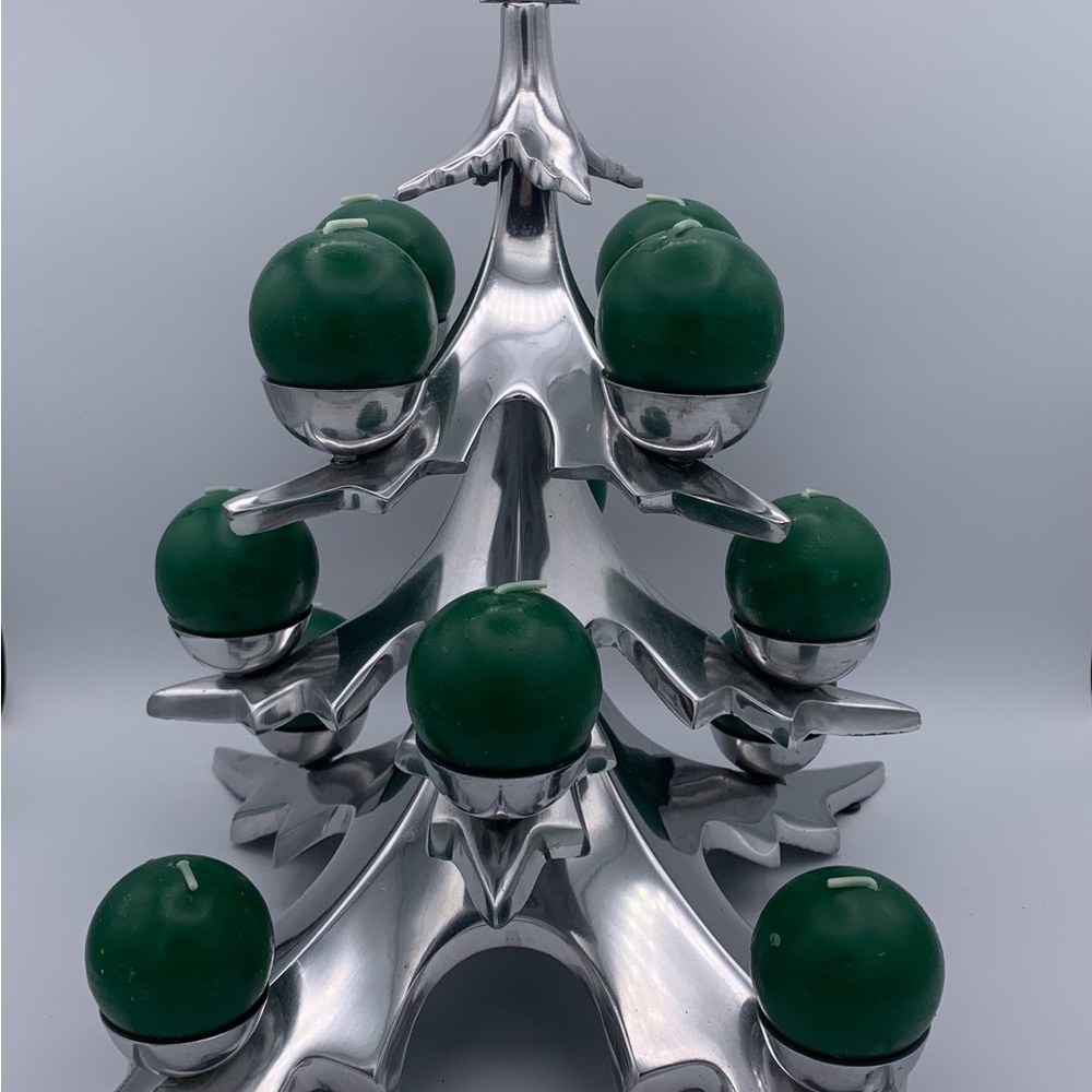 Pottery Barn Silver Chrome Christmas Tree Candle Holder w/ Candles Retired 13.5”